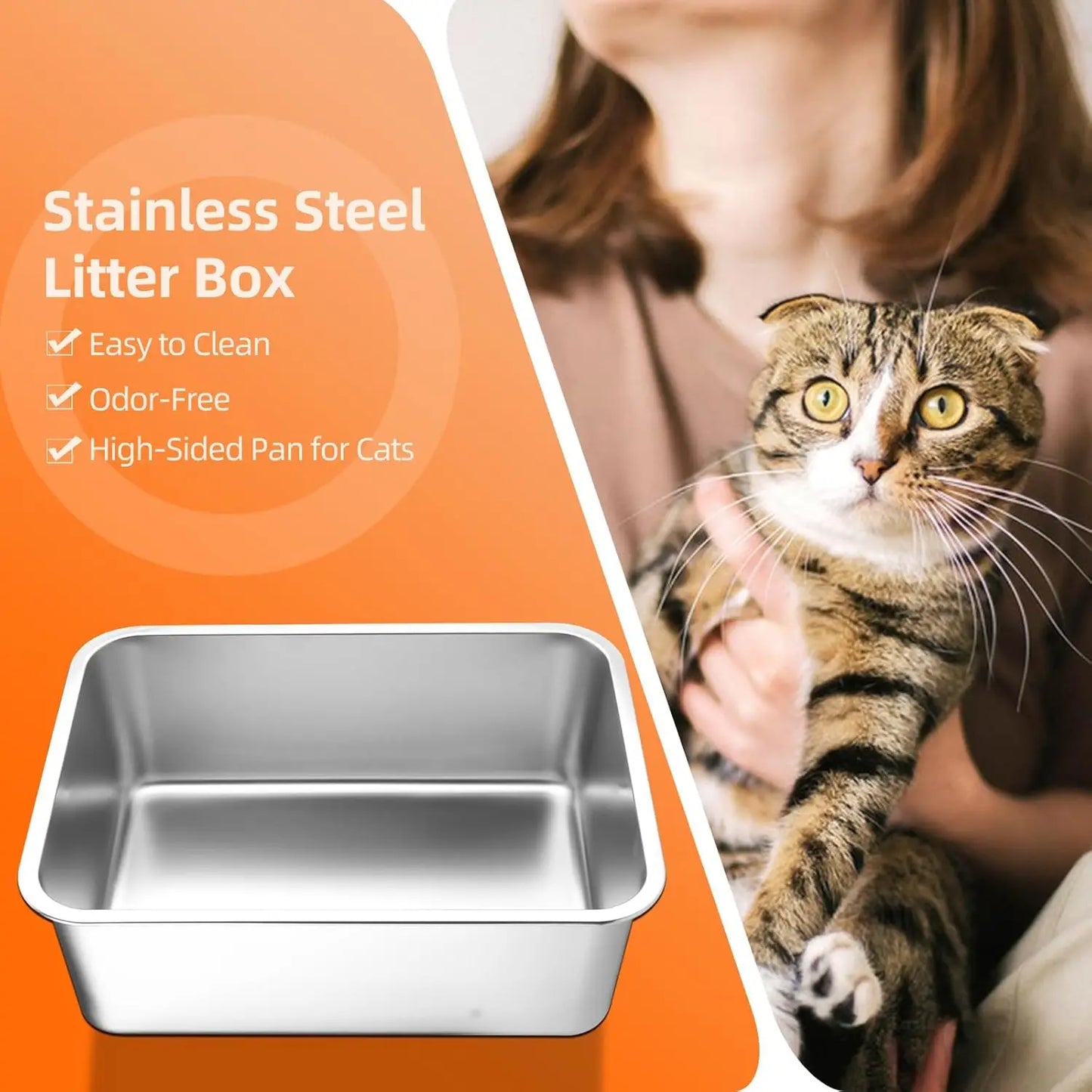 Stainless Steel Cat Litter Box with High Sides, Non-Stick Easy Clean Durable Pet Toilet for Small Cats (15.6x11.6x3.9 in)