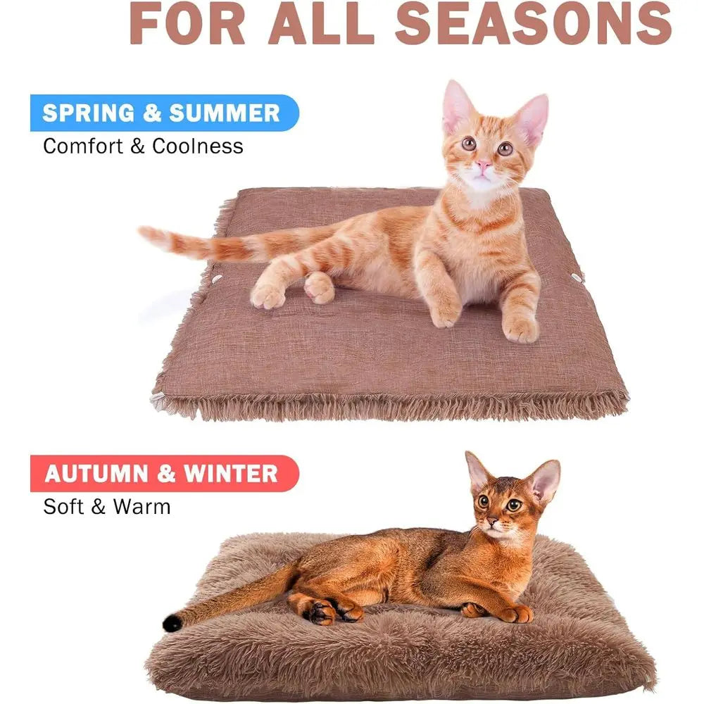 2-in-1 Heated Pet Bed, Plush Washable Mat for Cats & Small Dogs, Brown, 28x24