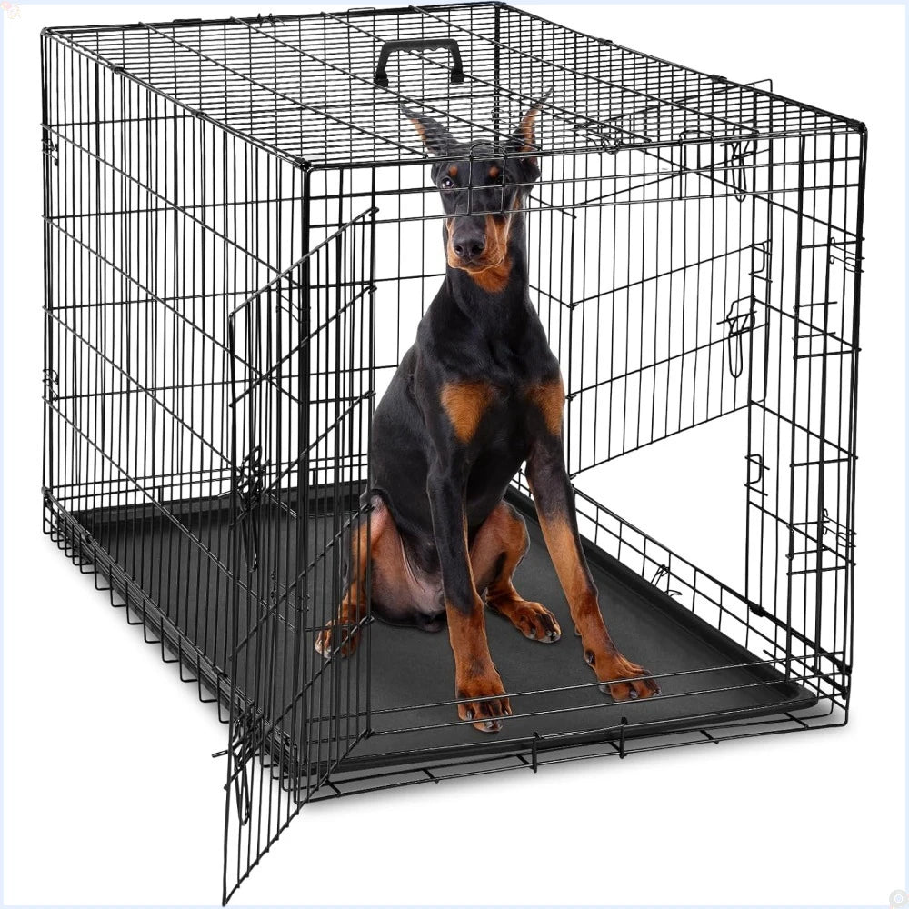 Dog Crate with Double Doors and Leakproof Pan Tray, Folding Wire