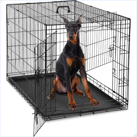 Dog Crate with Double Doors and Leakproof Pan Tray, Folding Wire