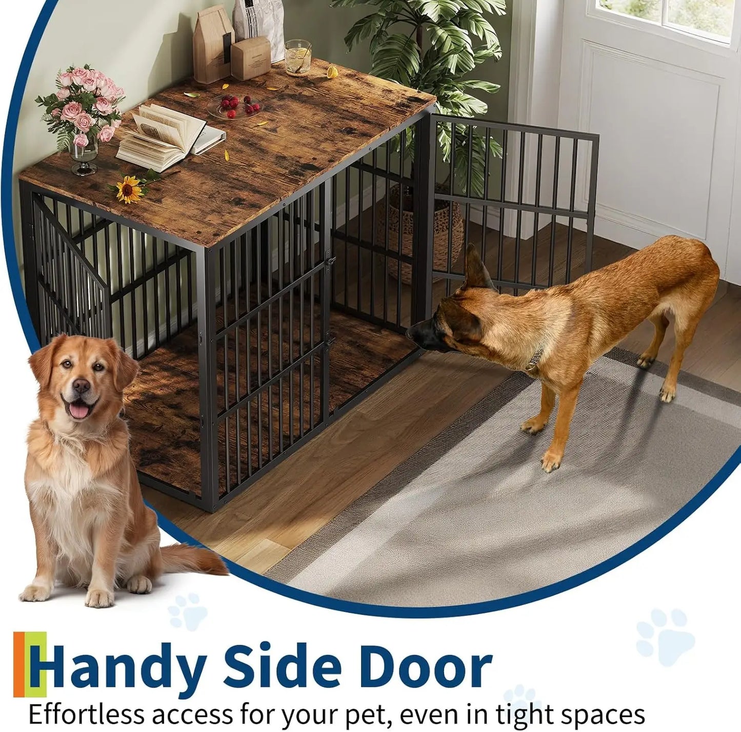 HiMISSH Wooden Dog Crate Furniture With Lockable Doors And Metal Frame