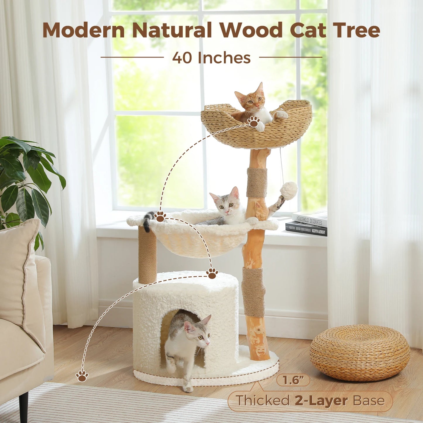 PEQULTICN Natural Wood Cat Tree Tower With Wicker Basket Indoor
