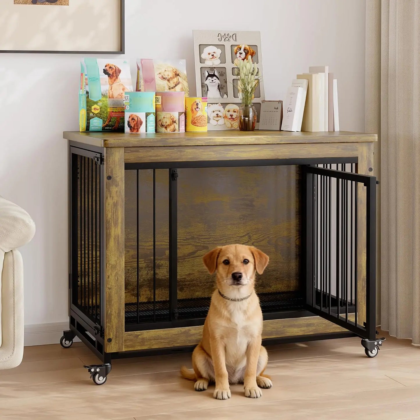 38.6" Rustic Wood Dog Crate Furniture 2-in-1 Chew Resistant with 3 Doors Locking Wheels Removable Tray Dog Kennel Side Table