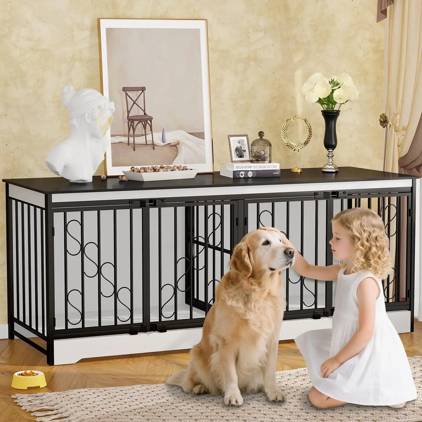 71' Black & White Double Dog Crate Furniture for 2 Dogs, Heavy Duty Wooden Dog Kennel Furniture