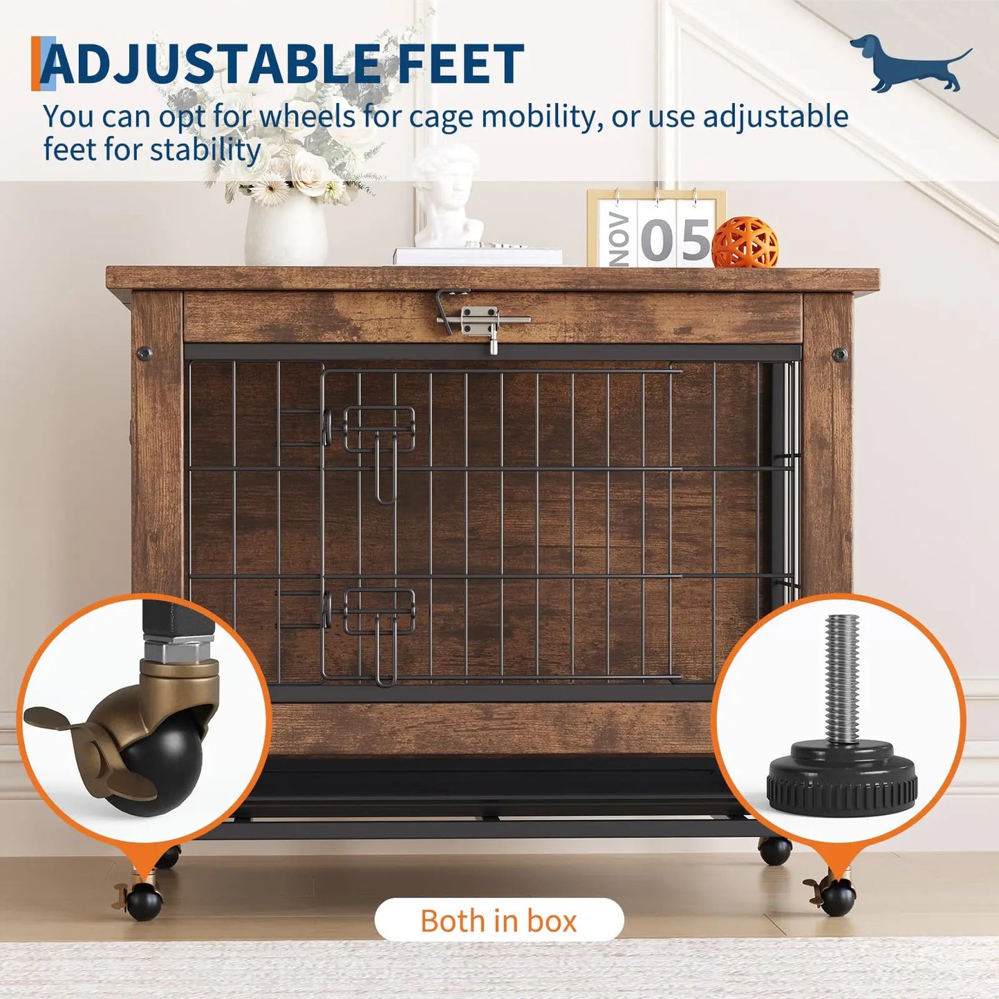 26" Wooden Dog Crate Furniture With Wheels Indoor Pet Kennel End Table Dual Door Chew-Proof Small Dog Cage With Removable Tray
