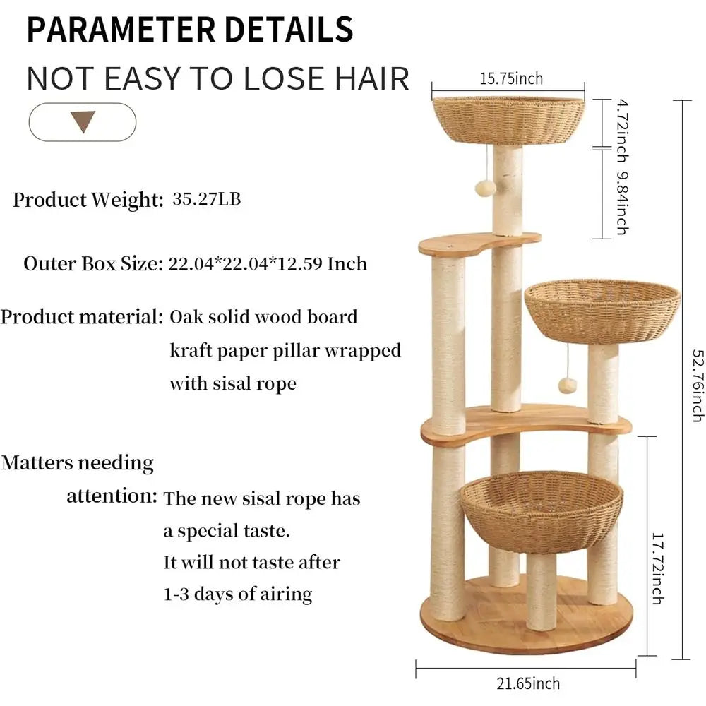 Luxury 54 Oak Cat Tree with Scratching Posts for Large Cats, Multi-Level Condo, Easy Maintenance Indoor Activity Center