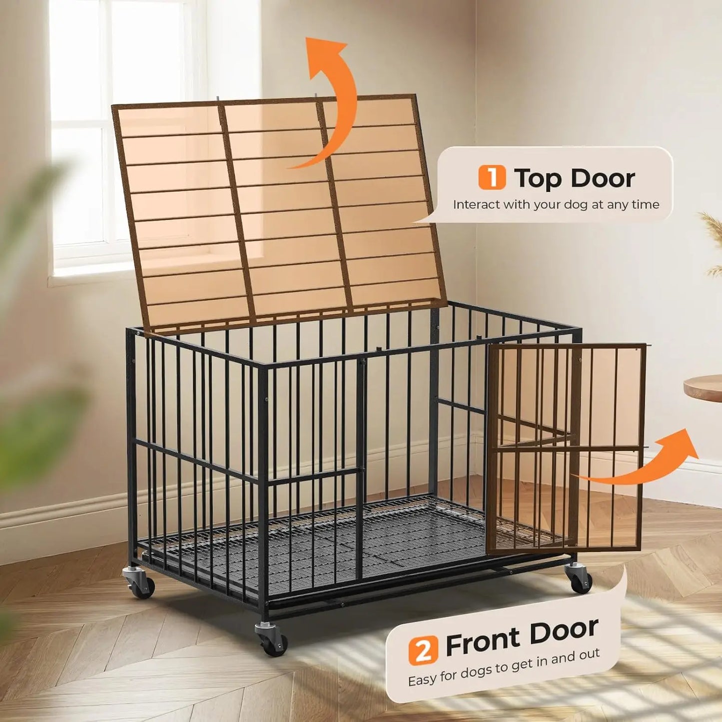 Heavy Duty Dog Crate Steel Double Door With Removable Tray