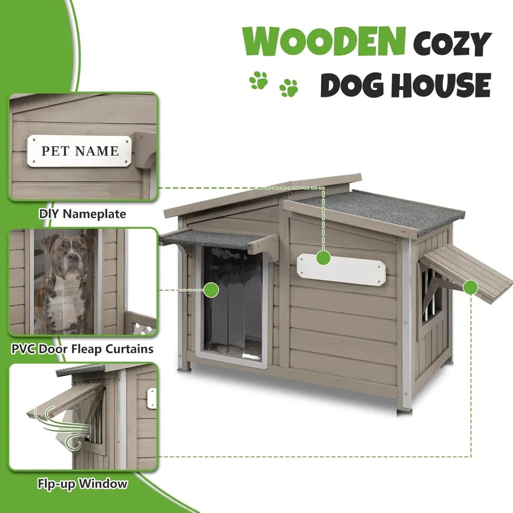 Outdoor Wooden Dog House With Adjustable Vent Windows Weatherproof